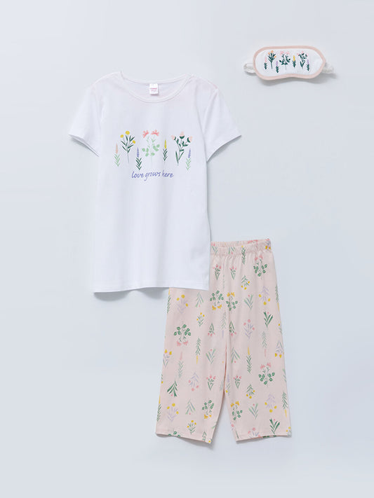 Crew Neck Printed Short Sleeve Girl's Pajama Set and Sleeping Mask