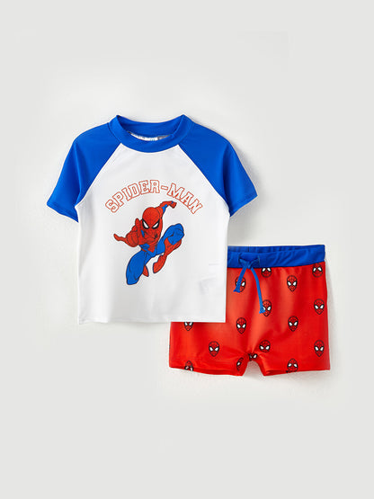 Crew Neck Short Sleeve Spiderman Printed Baby Boy Swimming Suit