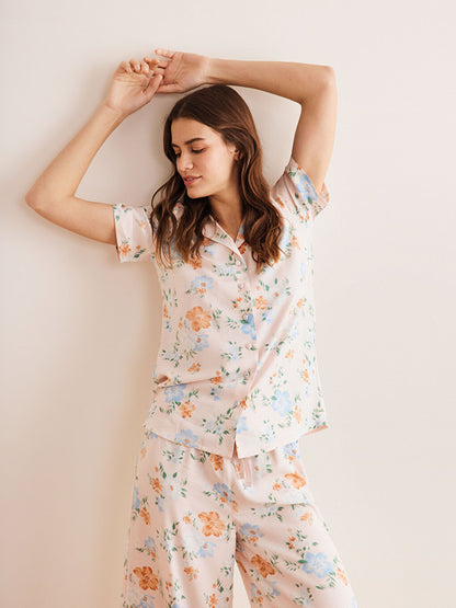 Shirt Collar Floral Short Sleeve Viscose Women's Pajama Set