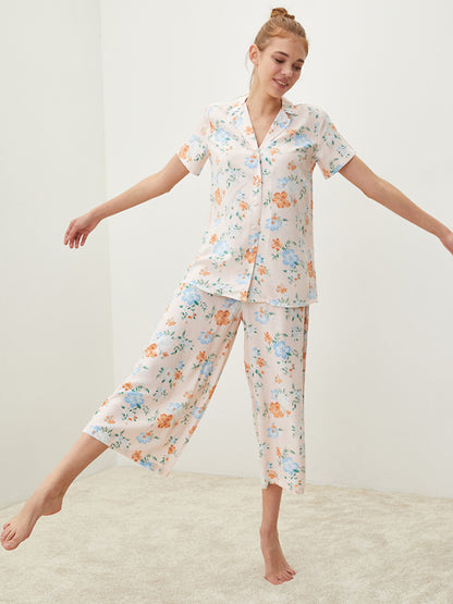 Shirt Collar Floral Short Sleeve Viscose Women's Pajama Set