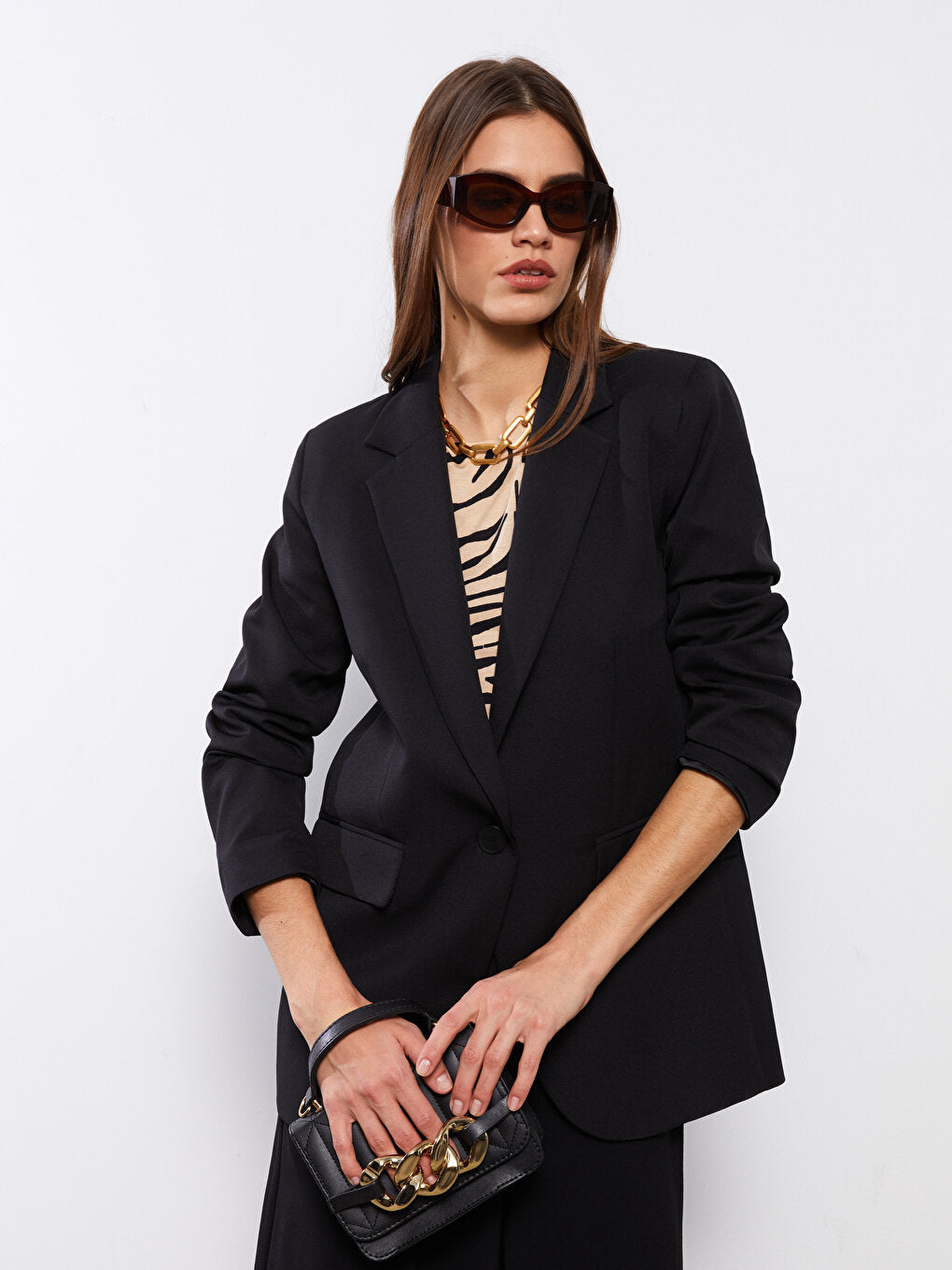 Front Button Closure Plain Long Sleeve Women's Blazer Jacket