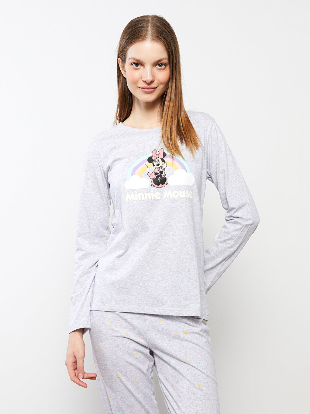 Crew Neck Minnie Mouse Printed Long Sleeve Women's Pajama Set