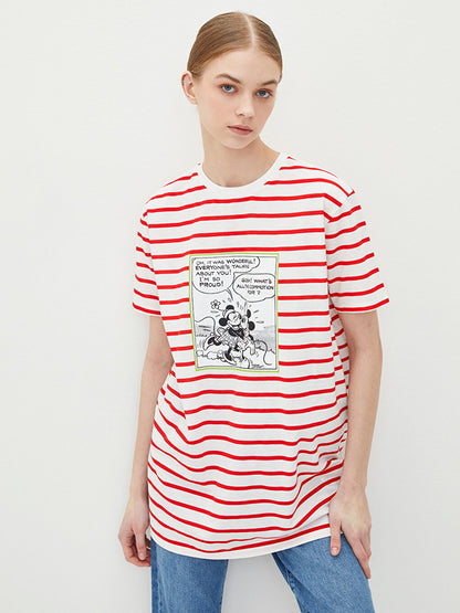 Crew Neck Striped Mickey Mouse Printed Short Sleeve Women's Tunic