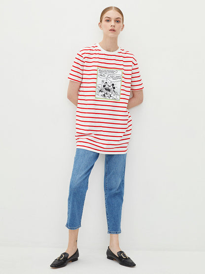 Crew Neck Striped Mickey Mouse Printed Short Sleeve Women's Tunic