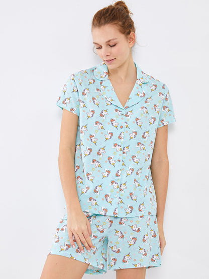 Shirt Collar Patterned Short Sleeve Cotton Women's Pajama Set