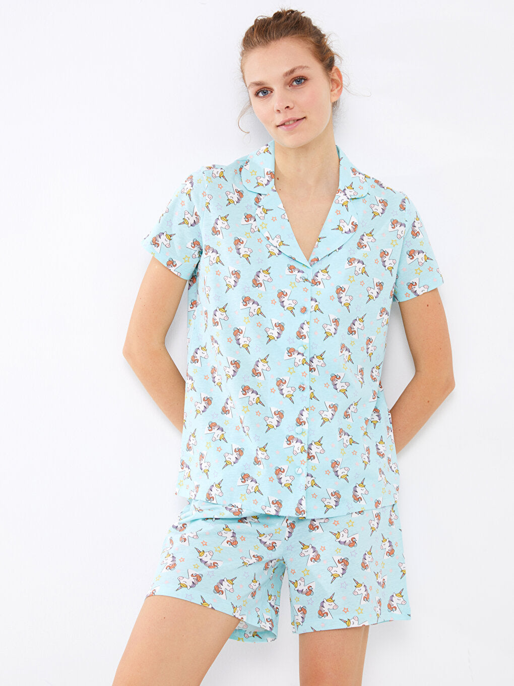 Shirt Collar Patterned Short Sleeve Cotton Women's Pajama Set