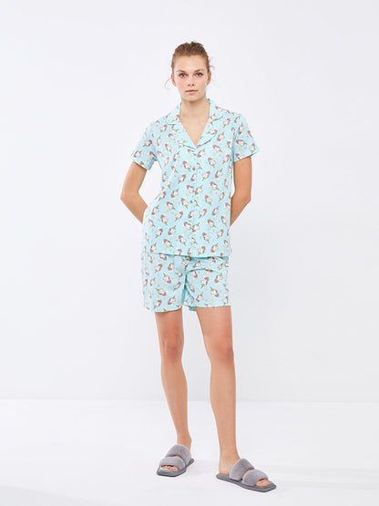 Shirt Collar Patterned Short Sleeve Cotton Women's Pajama Set