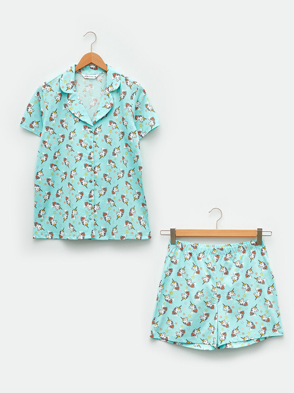 Shirt Collar Patterned Short Sleeve Cotton Women's Pajama Set