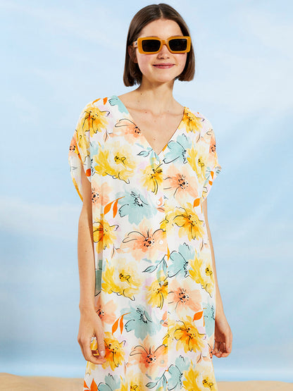 V-Neck Floral Short Sleeve Viscose Women's Beach Dress