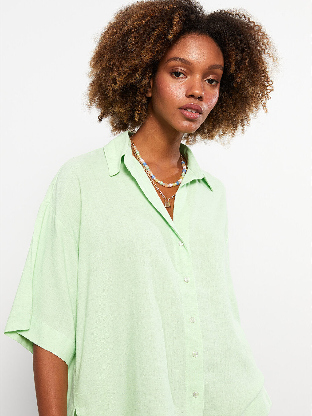 Front Button Closure Plain Short Sleeve Women's Shirt