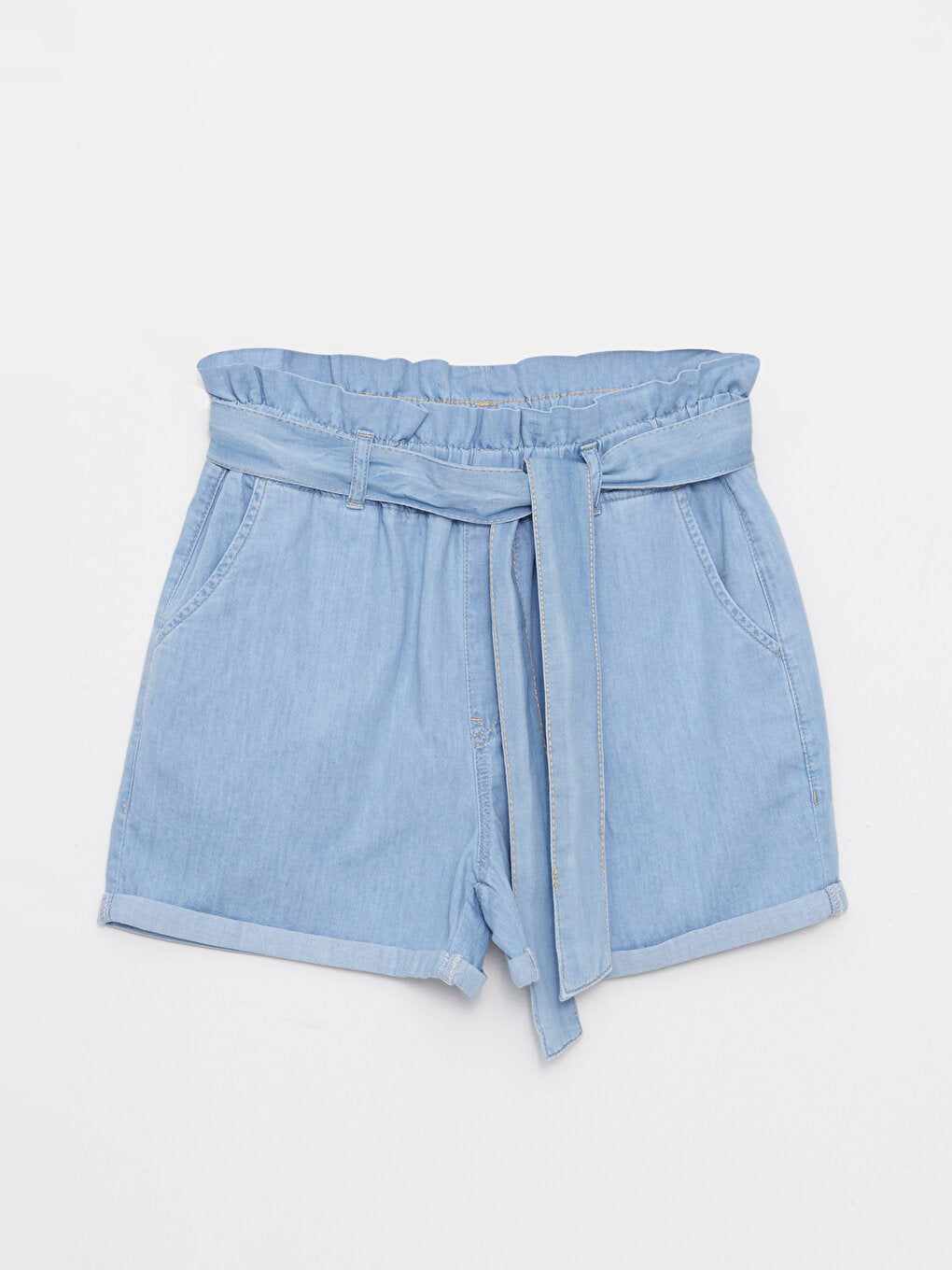 Elastic Waist Paperbag Flat Pocket Detailed Paperbag Women's Jean Shorts