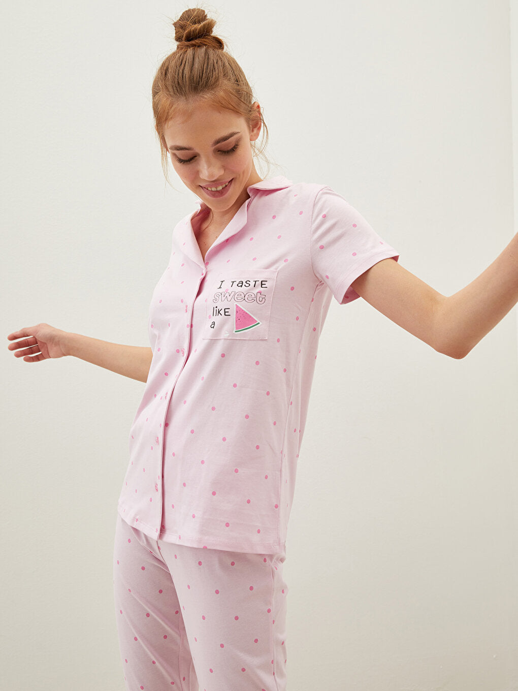 Shirt Collar Polka Dot Short Sleeve Cotton Women's Pajama Set