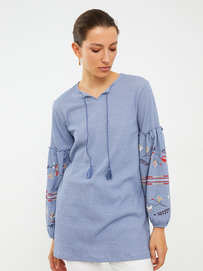 Tie Collar Embroidered Long Sleeve Women's Tunic