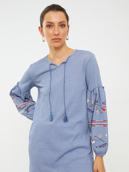 Tie Collar Embroidered Long Sleeve Women's Tunic