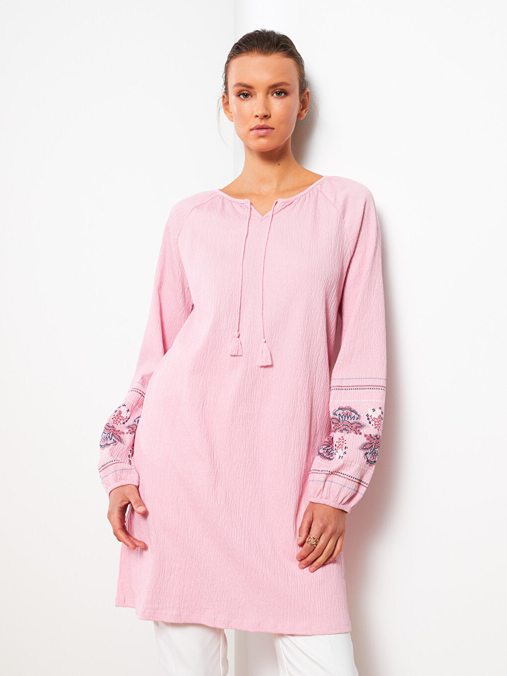 Tie Collar Embroidered Long Sleeve Women's Tunic