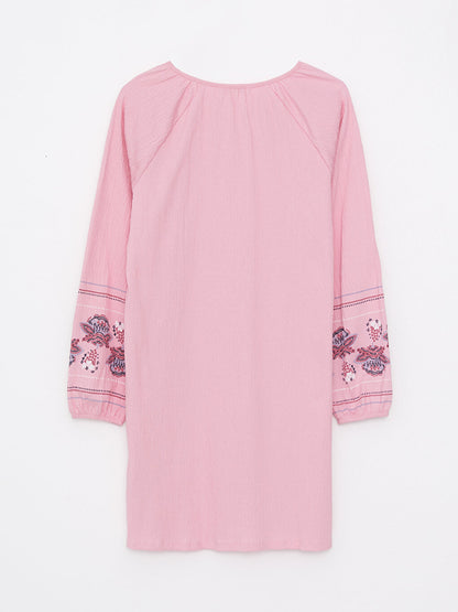 Tie Collar Embroidered Long Sleeve Women's Tunic