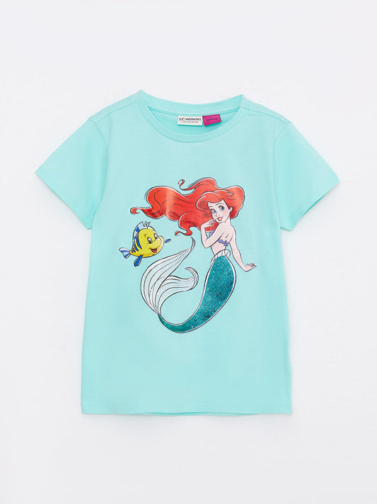 Crew Neck Mermaid Printed Short Sleeve Cotton Girls' T-Shirt