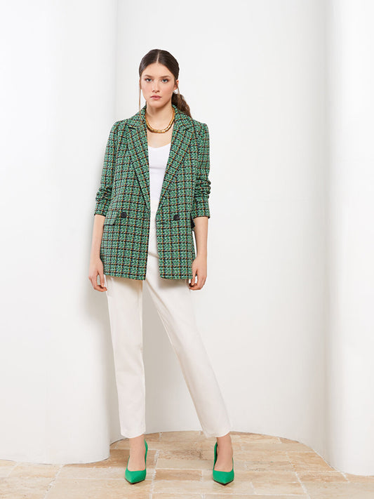 Front Button Closure Plaid Long Sleeve Women's Blazer Jacket