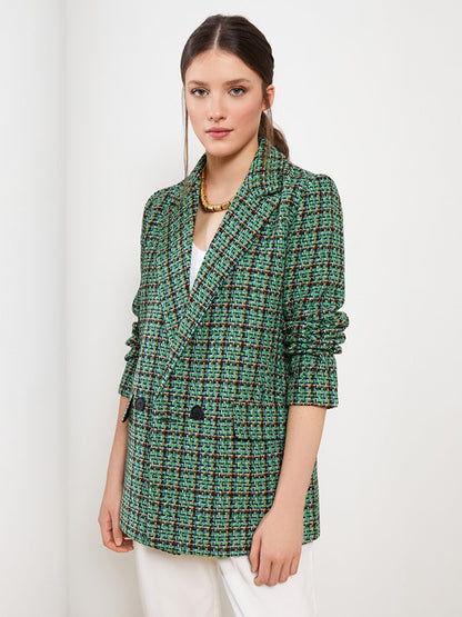 Front Button Closure Plaid Long Sleeve Women's Blazer Jacket