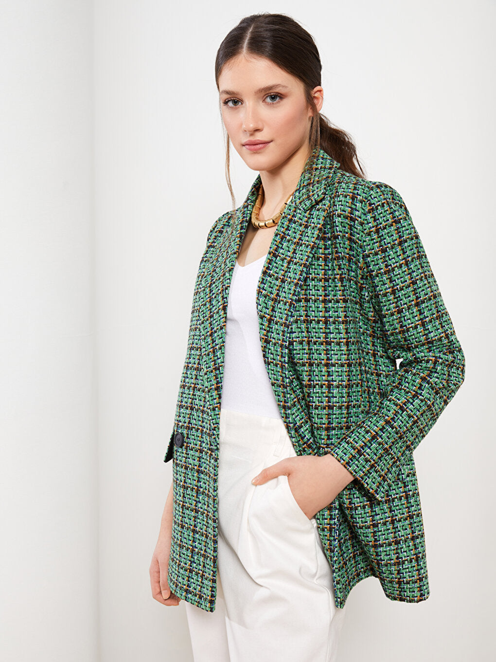 Front Button Closure Plaid Long Sleeve Women's Blazer Jacket