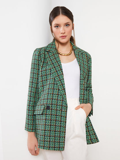 Front Button Closure Plaid Long Sleeve Women's Blazer Jacket