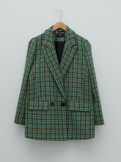 Front Button Closure Plaid Long Sleeve Women's Blazer Jacket