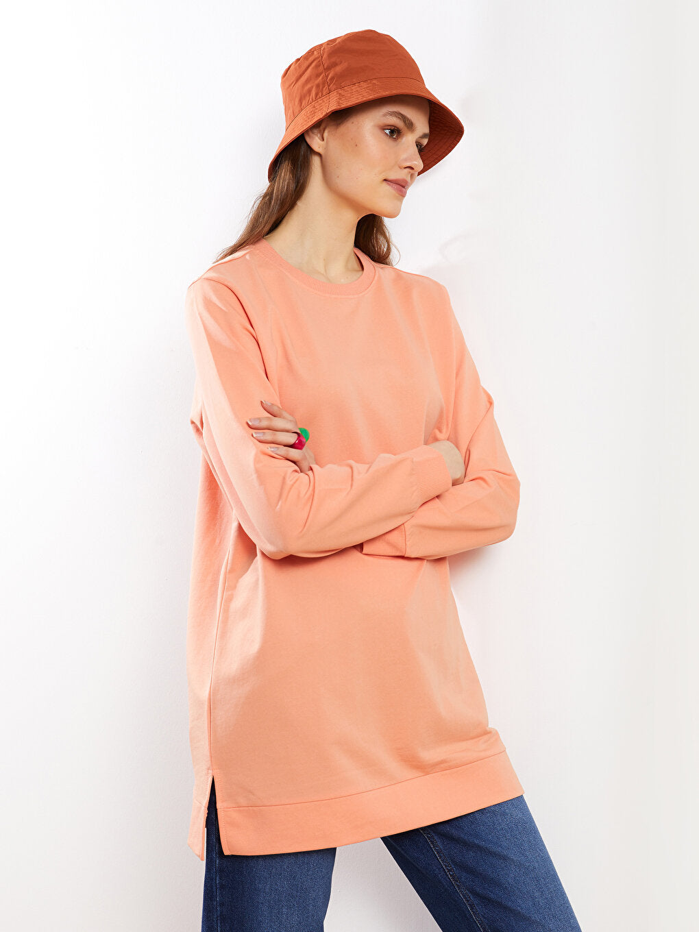 Crew Neck Plain Long Sleeve Oversize Women's Sweatshirt Tunic