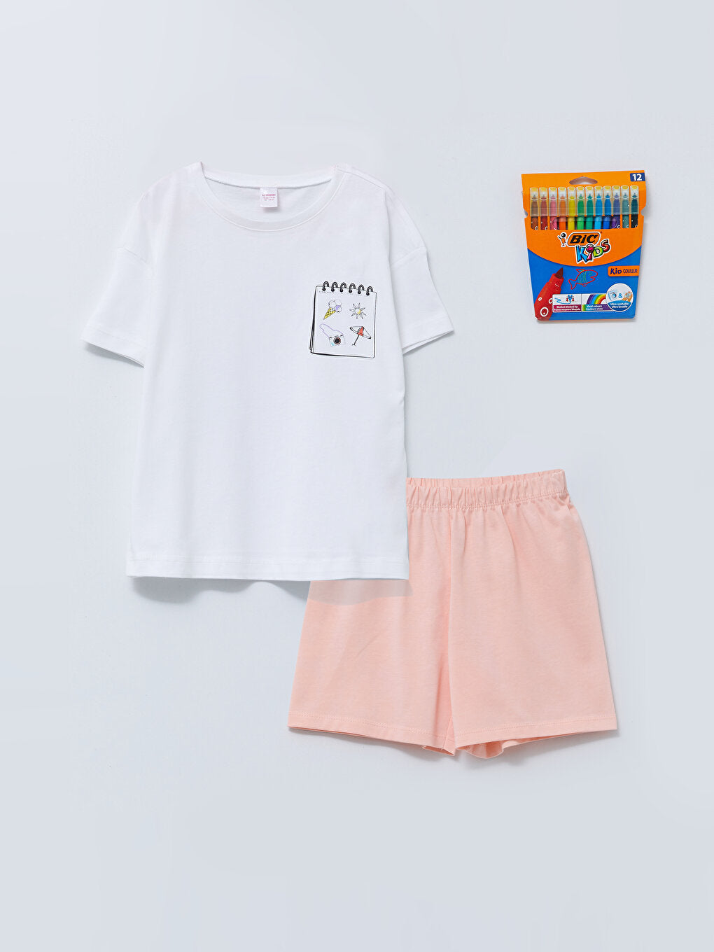 Crew Neck Printed Short Sleeve Cotton Girl's Pajama Set with Shorts and Crayons