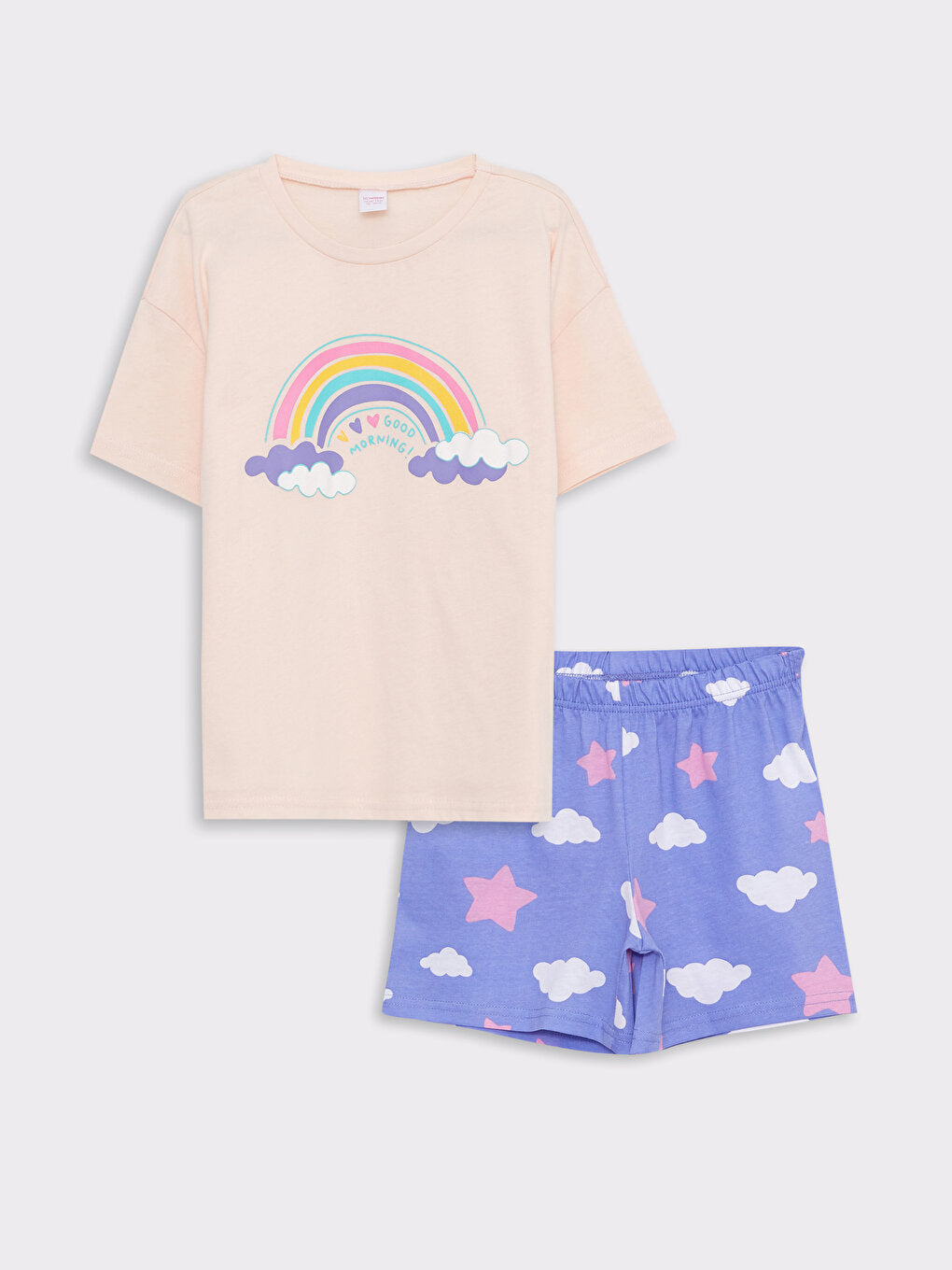 Crew Neck Printed Short Sleeve Girl's Pajama Set with Shorts