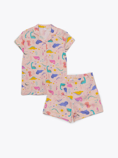 Shirt Collar Patterned Short Sleeve Girl's Pajama Set with Shorts