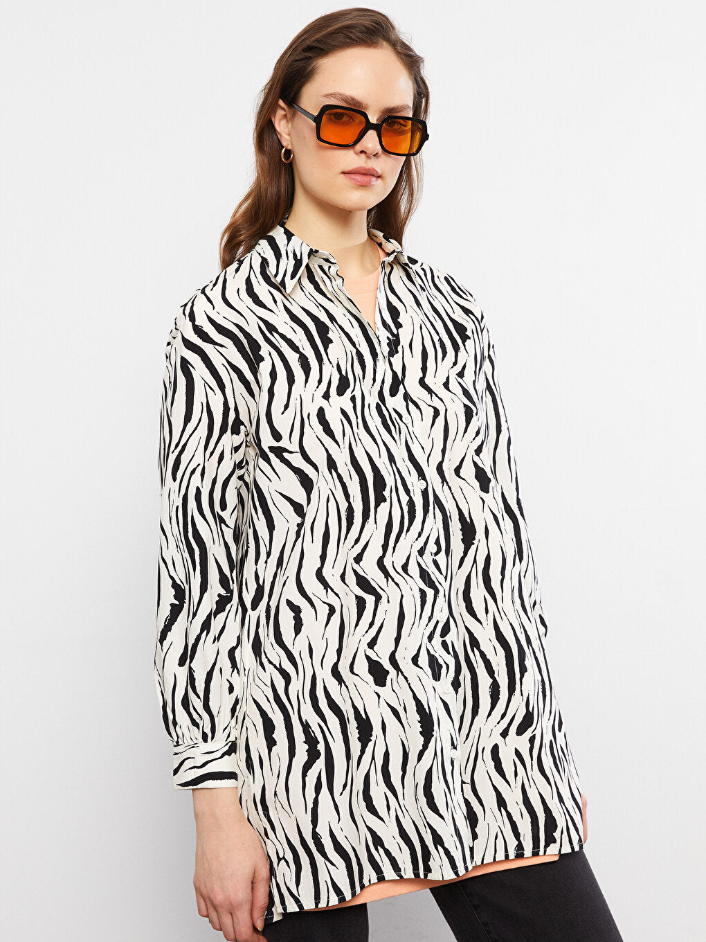 Patterned Long Sleeve Oversize Poplin Women's Shirt Tunic