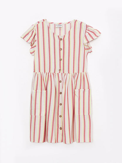 V-Neck Striped Short Sleeve Viscose Girl's Dress