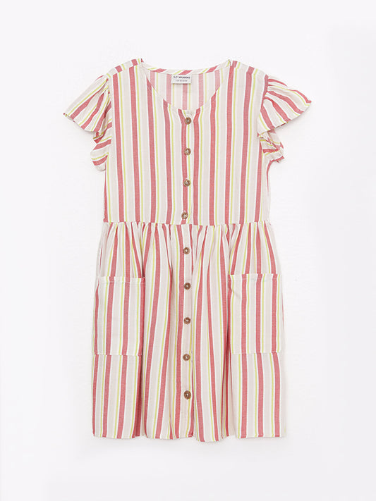 V-Neck Striped Short Sleeve Viscose Girl's Dress