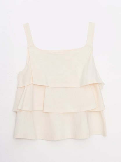 Square Neck Basic Ruffle Detailed Cotton Girl's Undershirt