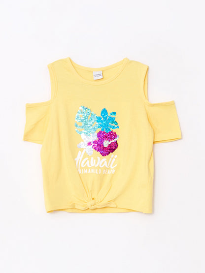 Crew Neck Printed Sequin Embroidered Short Sleeve Cotton Girls' T-Shirt