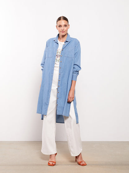 Shirt Collar Plain Long Sleeve Women's Jean Tunic