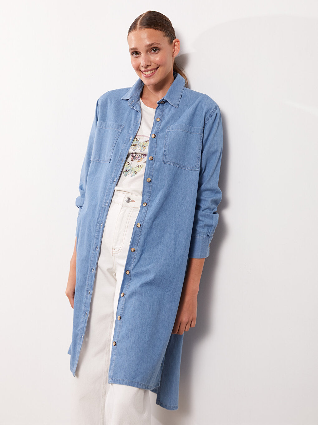 Shirt Collar Plain Long Sleeve Women's Jean Tunic