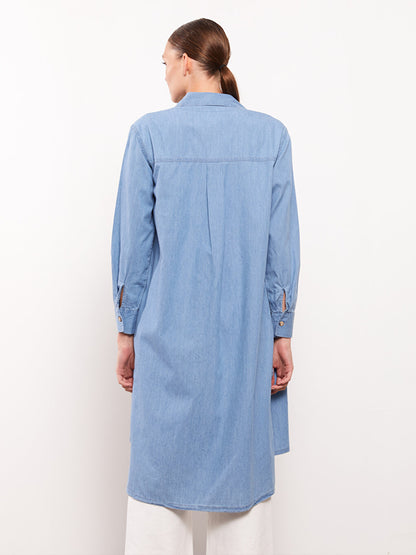 Shirt Collar Plain Long Sleeve Women's Jean Tunic