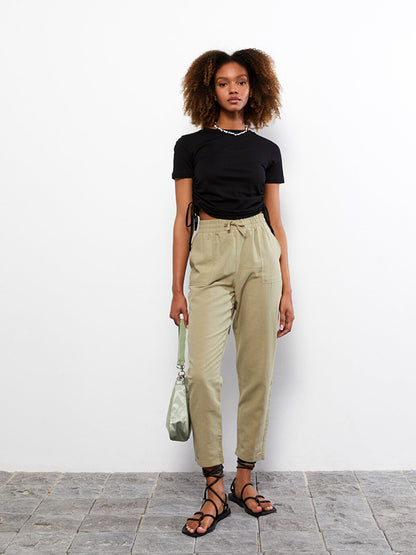 Plain Linen Blend Women's Trousers with Elastic Waist