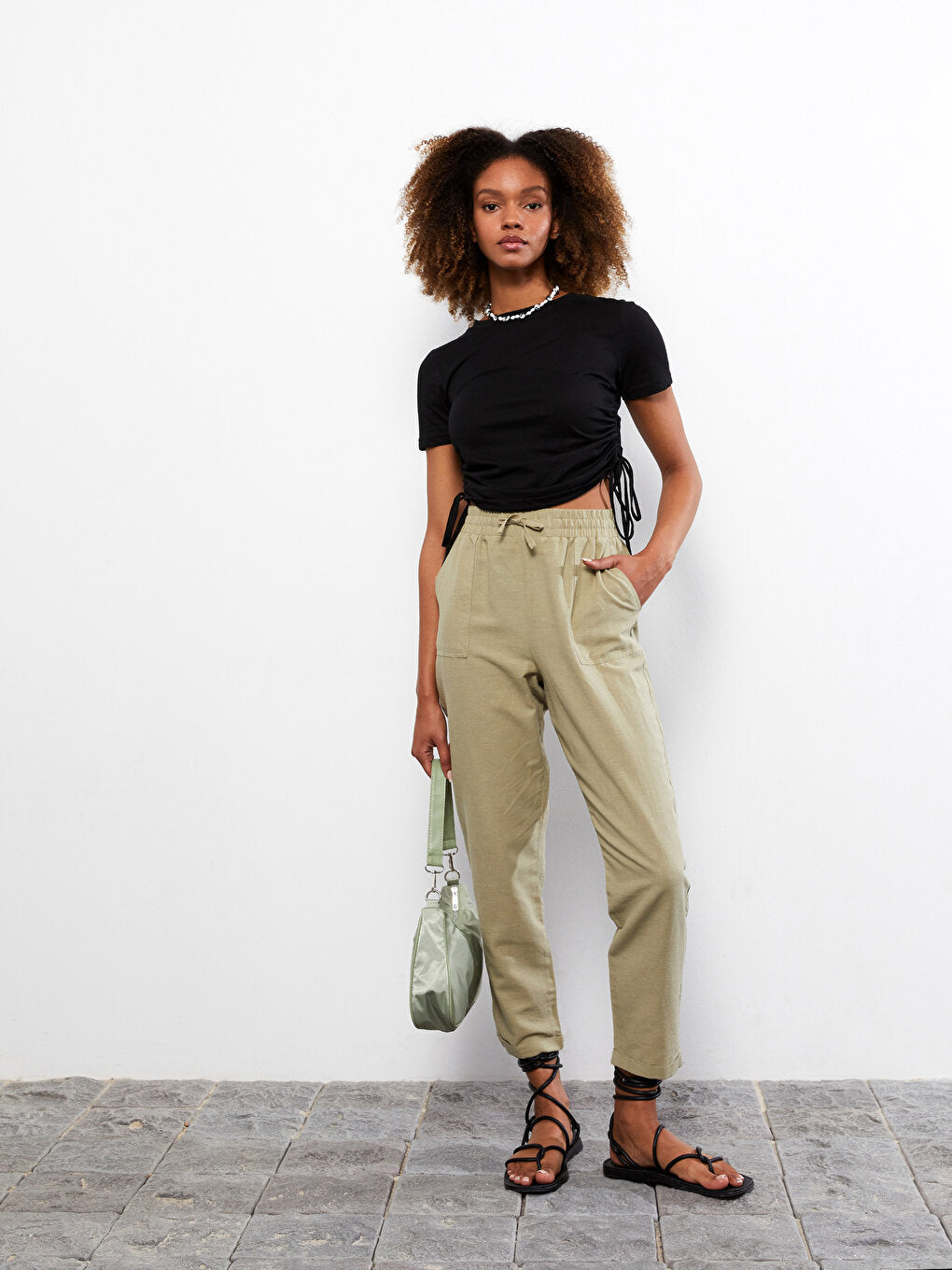 Plain Linen Blend Women's Trousers with Elastic Waist