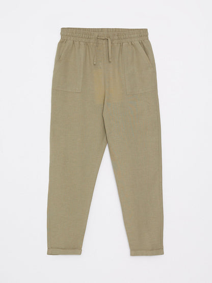 Plain Linen Blend Women's Trousers with Elastic Waist