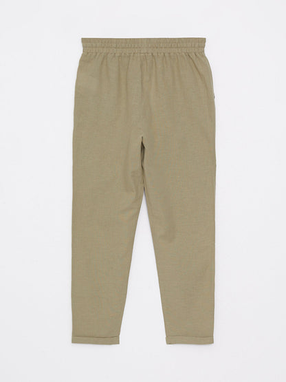 Plain Linen Blend Women's Trousers with Elastic Waist