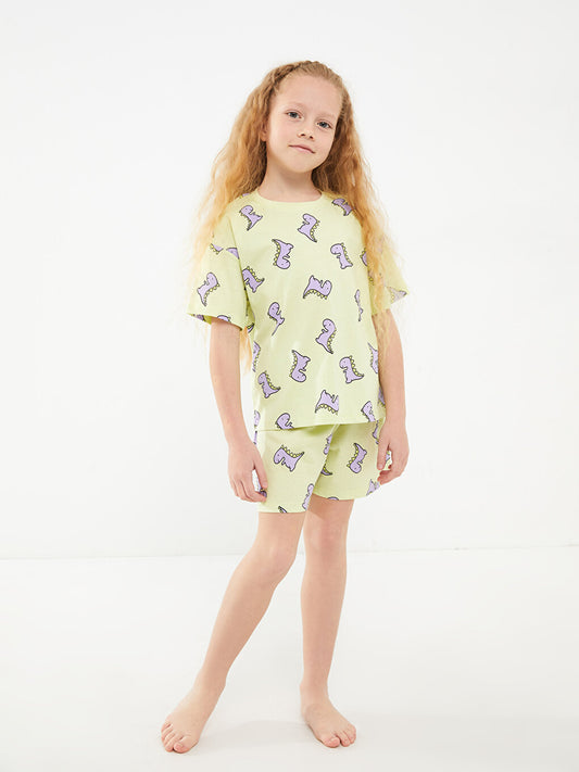 Crew Neck Printed Short Sleeve Cotton Girls Pajama Set with Shorts