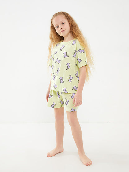 Crew Neck Printed Short Sleeve Cotton Girls Pajama Set with Shorts