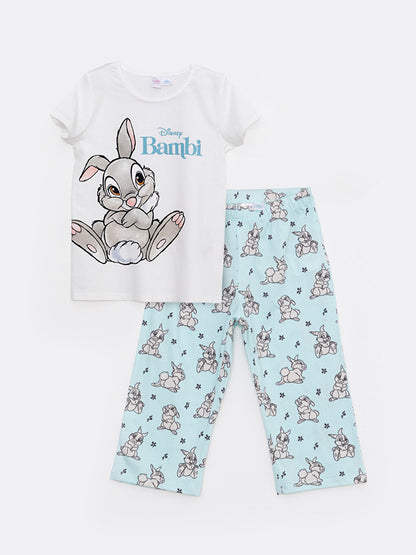 Crew Neck Bambi Printed Short Sleeve Girls Pajama Set