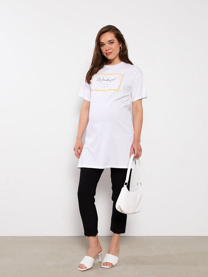 Crew Neck Printed Short Sleeve Cotton Maternity Tunic