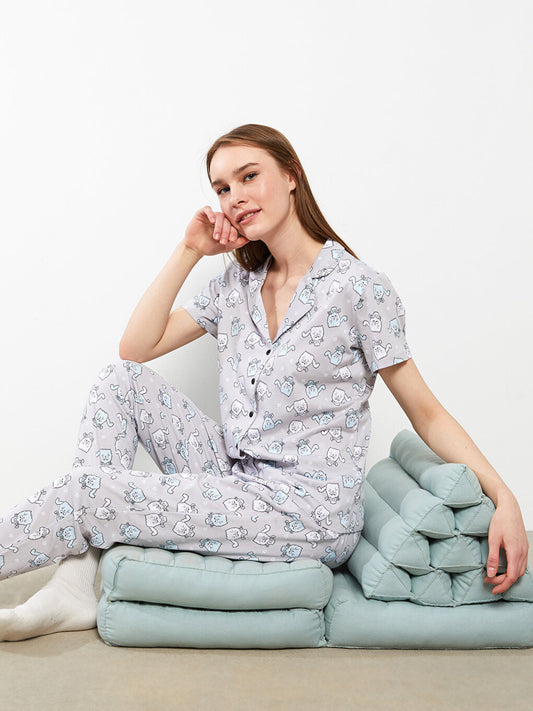 Shirt Collar Patterned Short Sleeve Cotton Women's Pajama Set