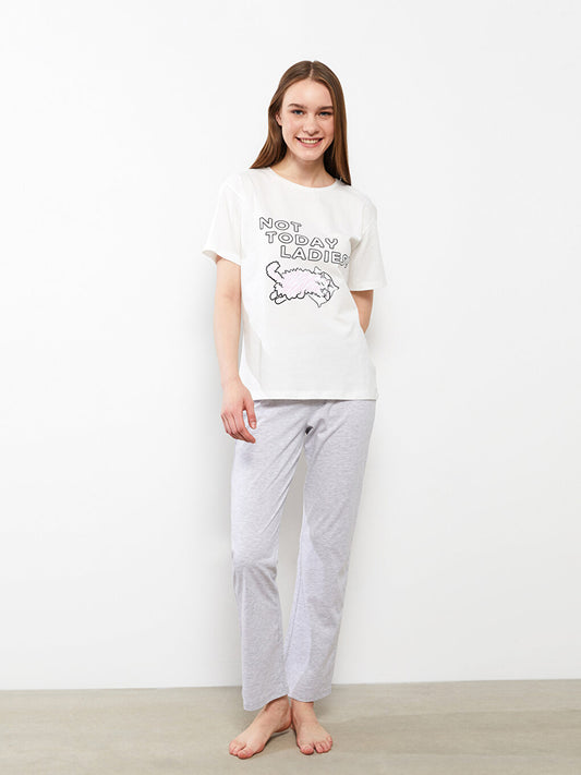 Crew Neck Printed Short Sleeve Cotton Women's Pajama Set