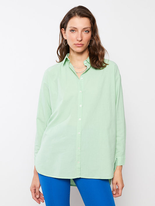 Front Button Closure Plain Long Sleeve Oversize Poplin Women's Shirt