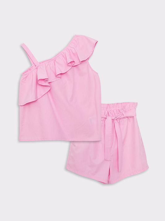 Ruffle Detailed Poplin Girl's Blouse and Shorts